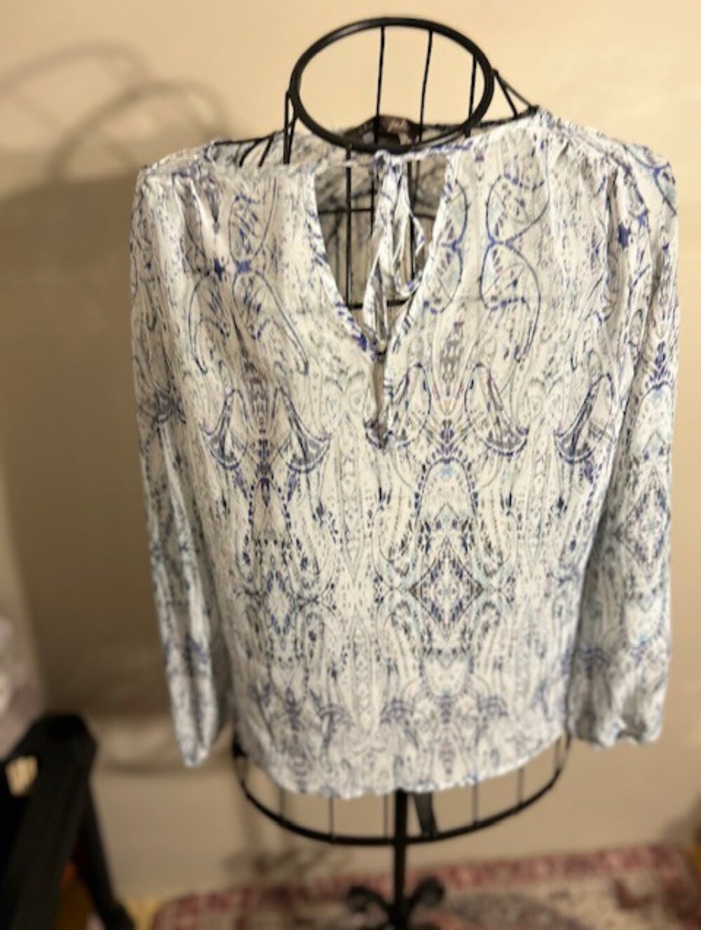 size small womens shirt sheer blue white print coverup  top blouse casual dress
